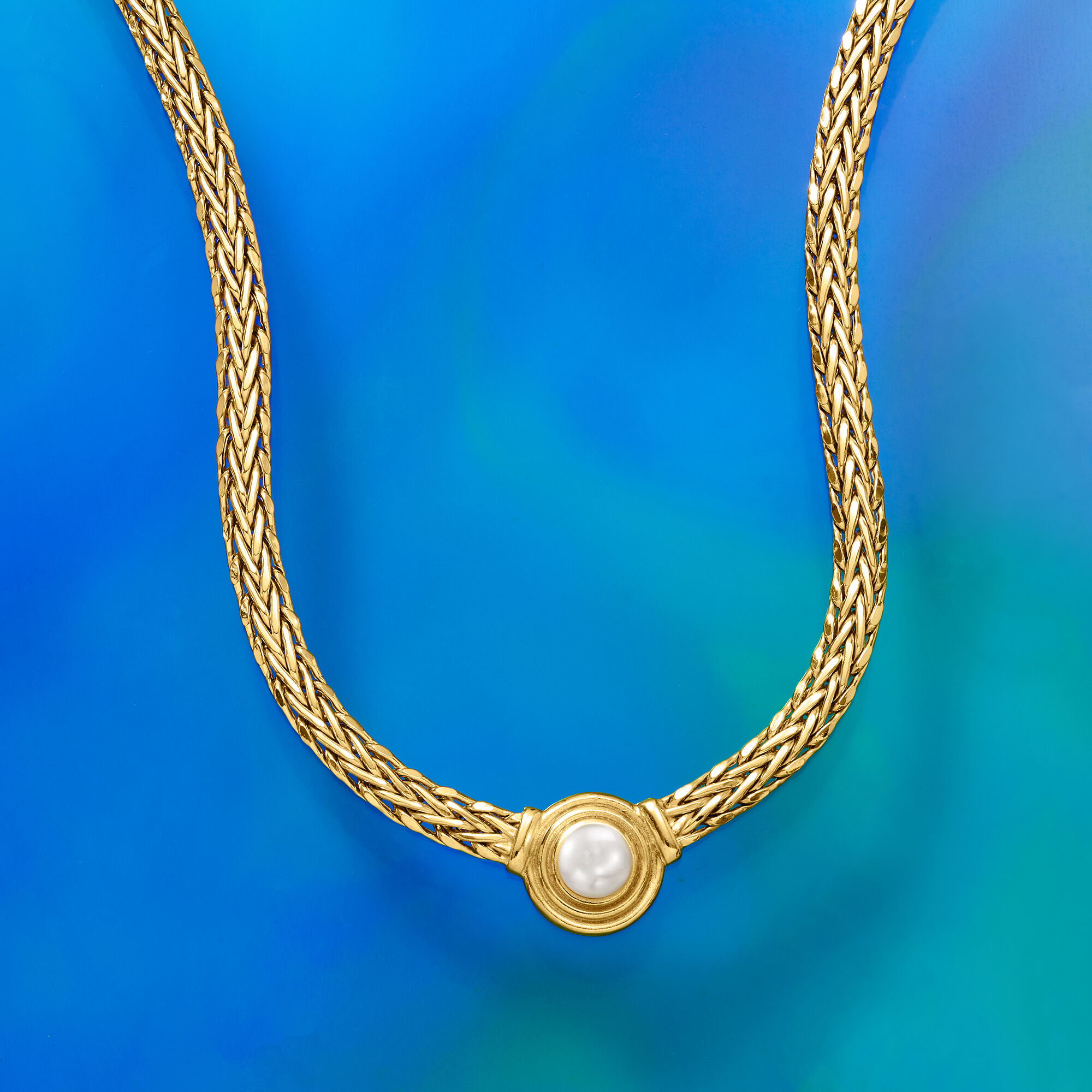8mm Cultured Pearl Flat Wheat-Chain Necklace in 18kt Gold Over