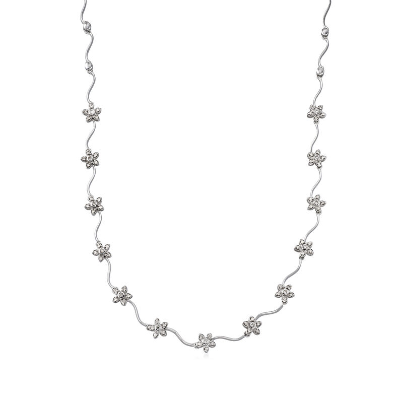 C. 1990 Vintage 1.00 ct. t.w. Diamond Floral Station Necklace in 14kt White Gold. 15.75&quot; image number 0