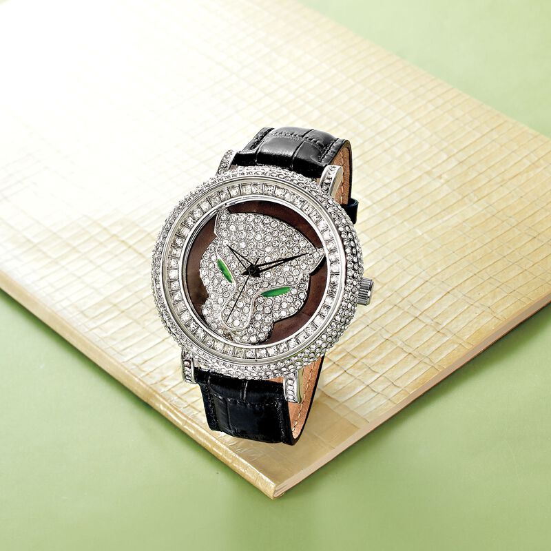 Saint James Women's 46mm Crystal Panther Watch with Black Leather in Silvertone image number 2