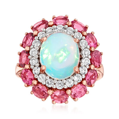 Ethiopian Opal, 1.50 ct. t.w. Pink Tourmaline and .60 ct. t.w. White Topaz Ring in 18kt Rose Gold Over Sterling