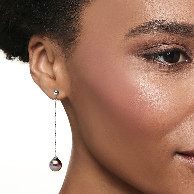 9-10mm Black Cultured Tahitian Pearl Drop Earrings in Sterling Silver image number 1