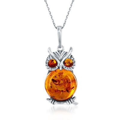 Amber Owl Pendant Necklace in Sterling Silver