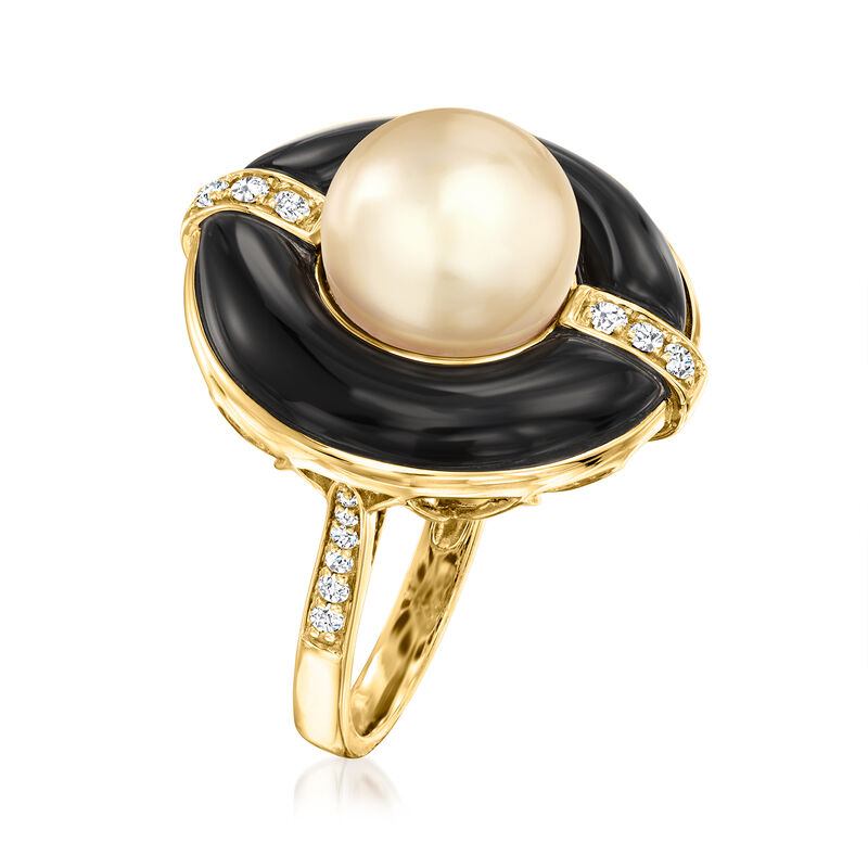 10-12mm Golden Cultured South Sea Pearl Ring with Onyx and .18 ct. t.w. Diamonds in 14kt Yellow Gold image number 2