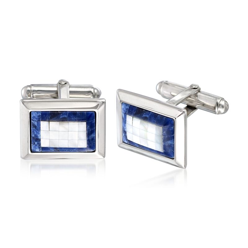 Blue Sodalite and 2.3mm White Mother-Of-Pearl Cuff Links in Sterling Silver  image number 0