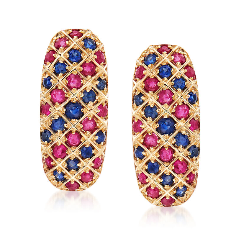 .90 ct. t.w. Ruby and .60 ct. t.w. Sapphire Drop Earrings in 14kt Yellow Gold image number 0