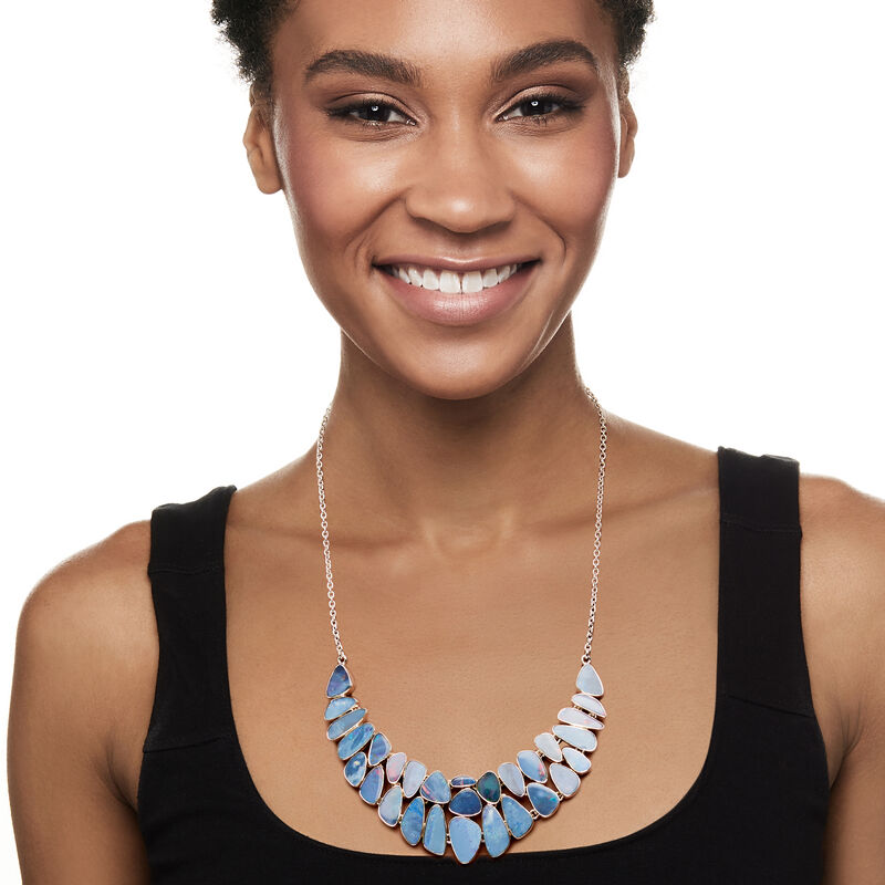 Blue Opal Doublet Mosaic Bib Necklace in Sterling Silver. 18&quot; image number 0