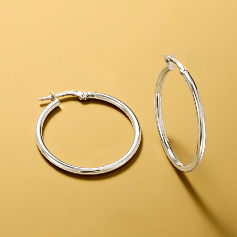 2mm Sterling Silver Hoop Earrings. 1 1/8&quot; image number 3