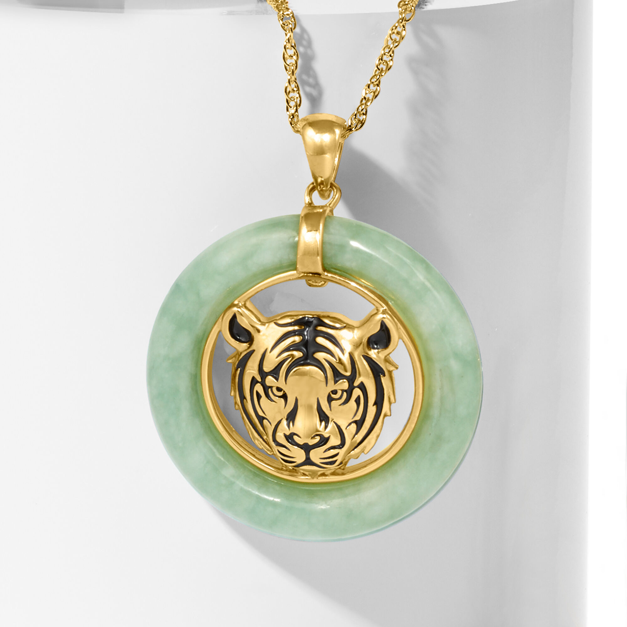 Jade Tiger Head Pendant Necklace in 18kt Gold Over Sterling. 18