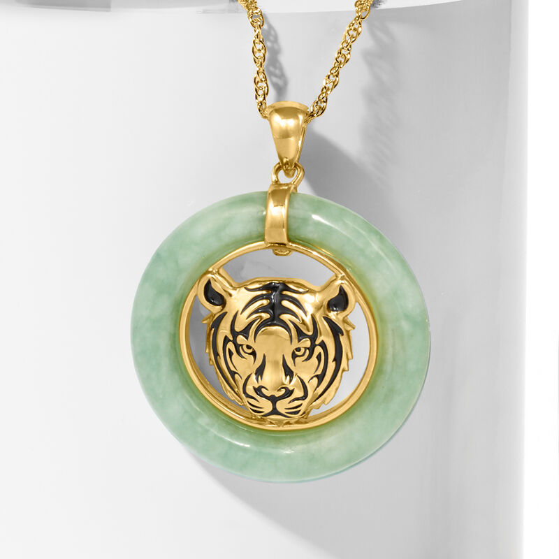 Jade Tiger Head Pendant Necklace in 18kt Gold Over Sterling. 18&quot; image number 3