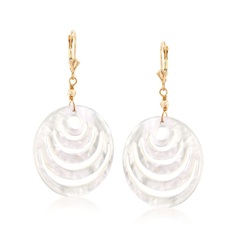 Carved Mother-Of-Pearl Disc Drop Earrings in 14kt Yellow Gold image number 0