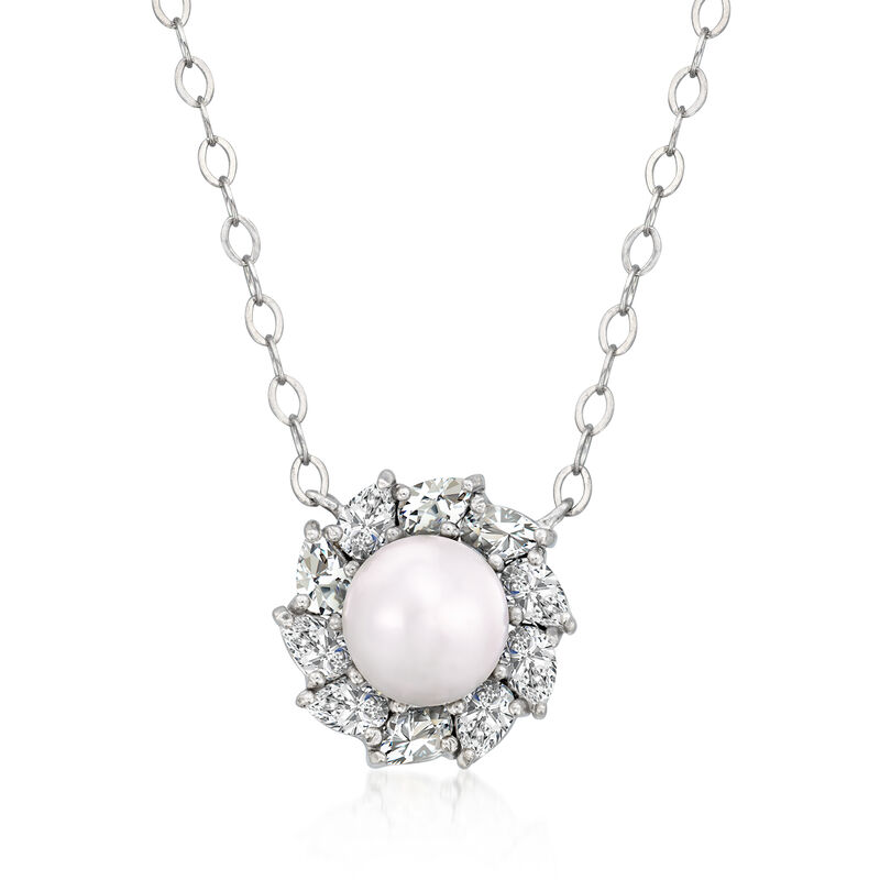 5-6mm Cultured Pearl and 1.30 ct. t.w. CZ Jewelry Set: Halo Earrings and Necklace in Sterling Silver. 16&quot; image number 2