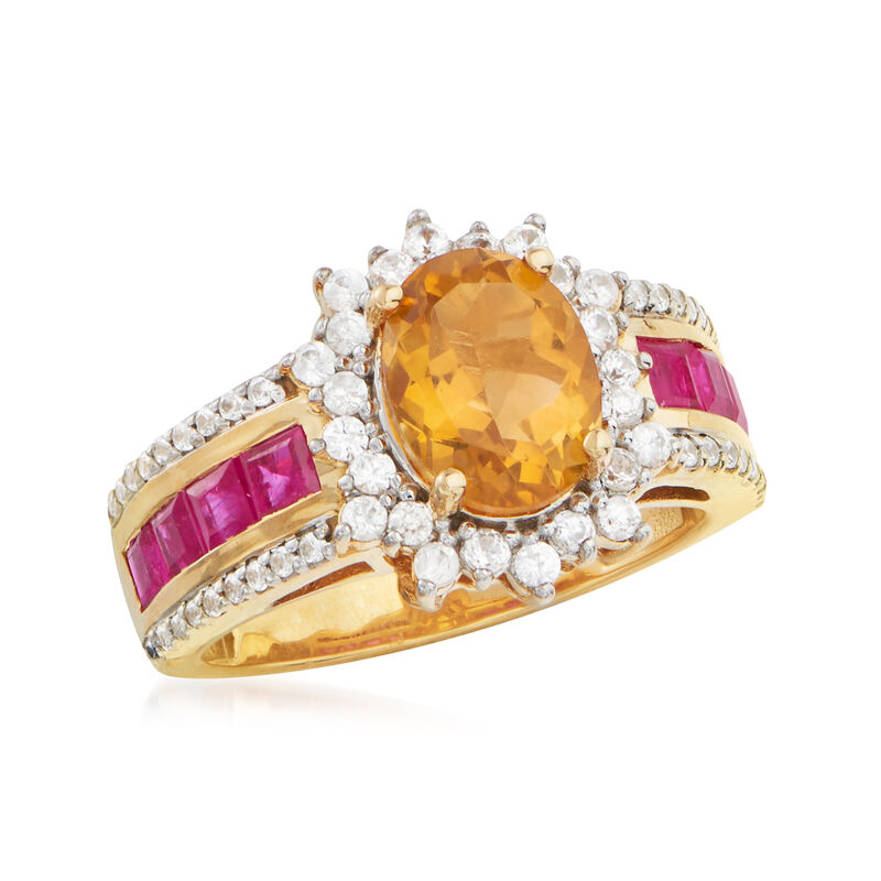 1.90 Carat Citrine, 1.00 ct. t.w. Ruby and .50 ct. t.w. White Zircon Ring in 18kt Gold Over Sterling image number 3