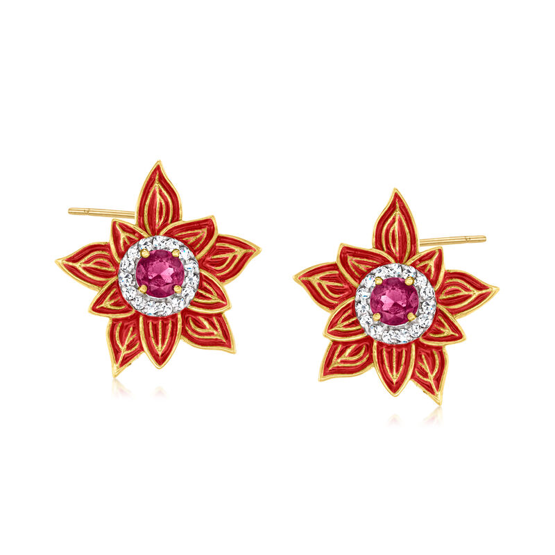 .60 ct. t.w. Rhodolite Garnet, .20 ct. t.w. White Zircon and Red Enamel Poinsettia Earrings in 18kt Gold Over Sterling image number 0