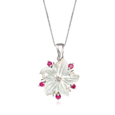 C. 2000 Vintage Mother-of-Pearl and .35 ct. t.w. Ruby Flower Pendant Necklace with Single Diamond in 14kt White Gold