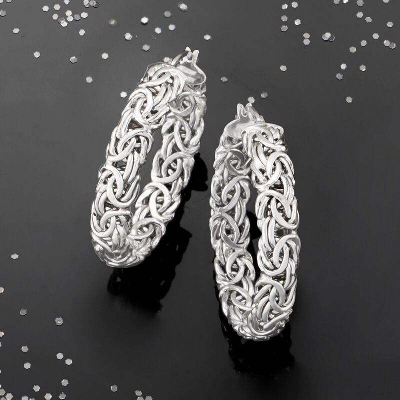 Sterling Silver Large Byzantine Hoop Earrings. 1 1/2&quot; image number 4