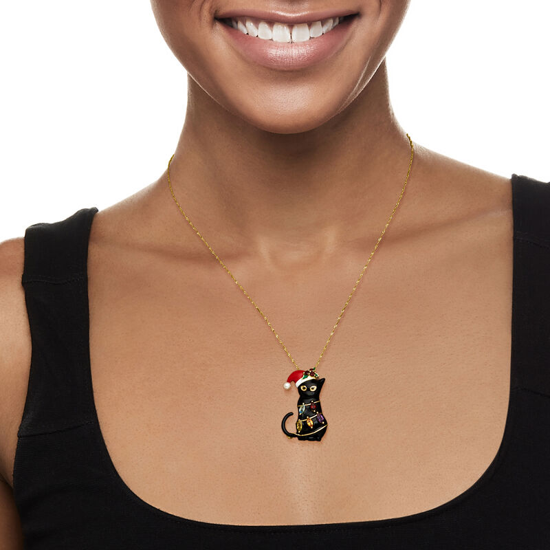 3.5-4mm Cultured Pearl, .60 ct. t.w. Multi-Gemstone and Multicolored Enamel Christmas Cat and Lights Pin/Pendant in 18kt Gold Over Sterling. Pin image number 0