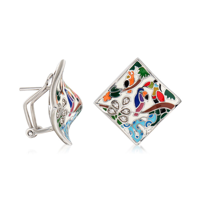 Belle Etoile &quot;Tropical Rainforest&quot; Ivory and Multicolored Enamel Earrings with .10 ct. t.w. CZs in Sterling Silver image number 2