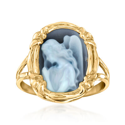 C. 1980 Vintage Blue Agate Angel Cameo Ring in 14kt Yellow Gold