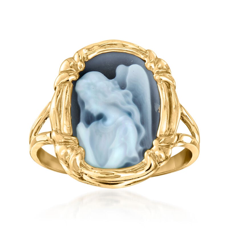 C. 1980 Vintage Blue Agate Angel Cameo Ring in 14kt Yellow Gold. Size 5.75 image number 0