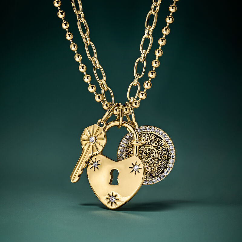 14kt Yellow Gold-Plated Key, Heart Lock and Coin Charm Necklace with 1.00 ct. t.w. CZs. 30" image number 2