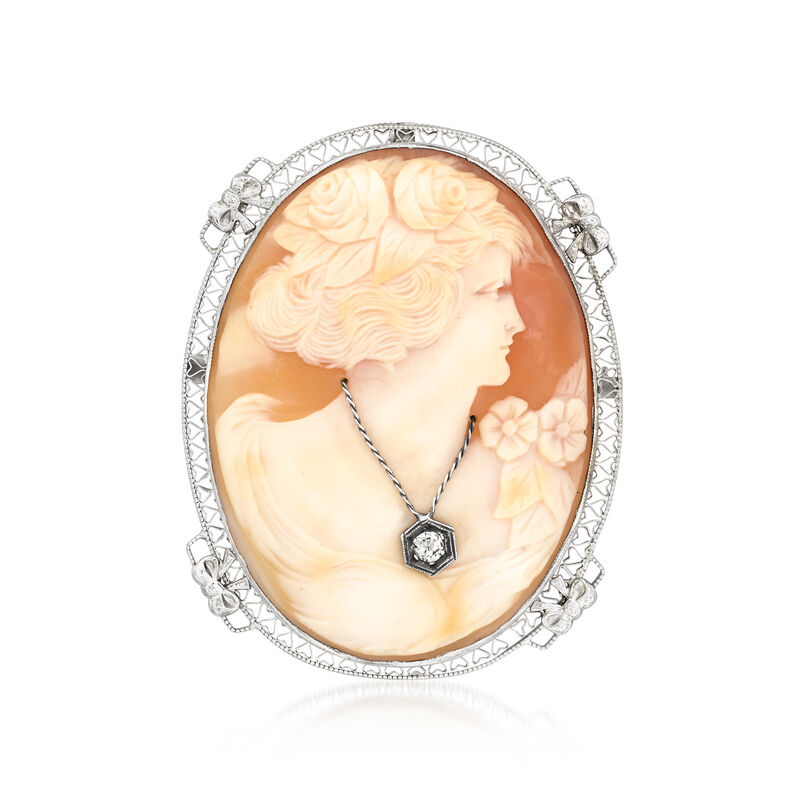 C. 1960 Vintage Brown Shell Cameo Pin/Pendant with Single Diamond in 14kt White Gold image number 3