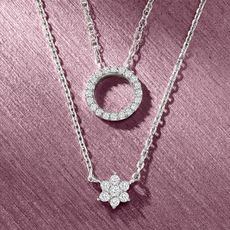 .10 ct. t.w. Diamond Flower Necklace in Sterling Silver. 16&quot; image number 3