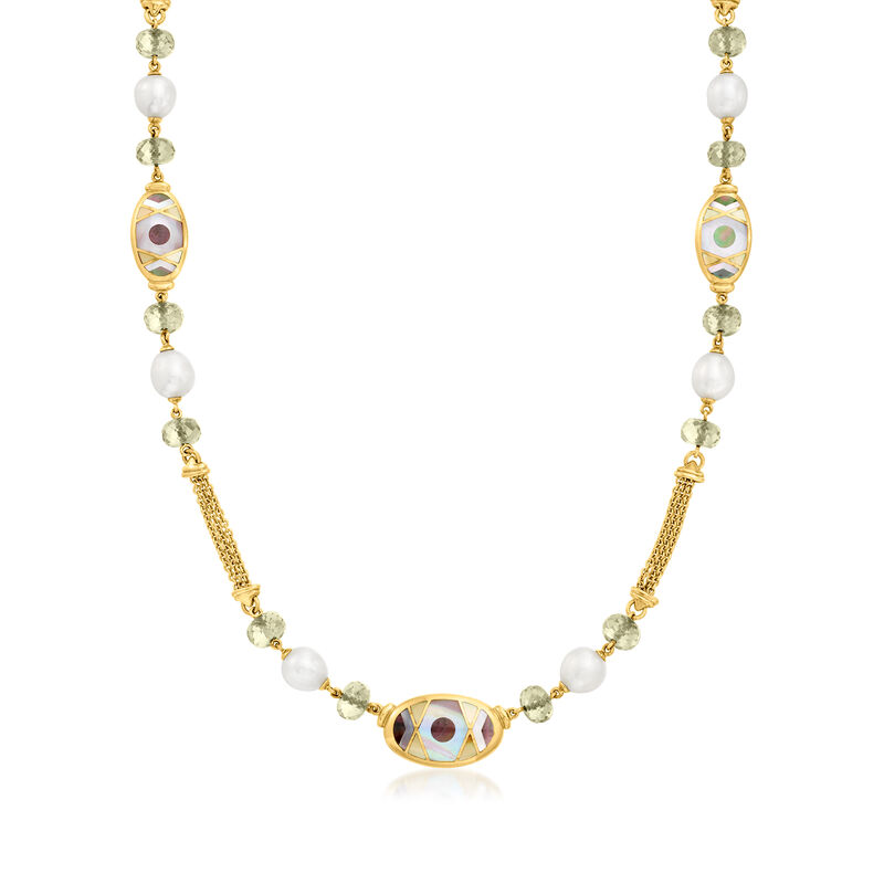 C. 1990 Vintage Asch Grossbardt Multicolored Mother-of-Pearl, Cultured Pearl and 13.50 ct. t.w. Prasiolite Necklace in 14kt Yellow Gold image number 0