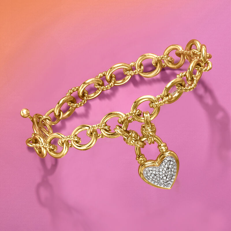 .25 ct. t.w. Diamond Heart Lock Toggle Bracelet in 18kt Gold Over Sterling and Sterling Silver image number 2
