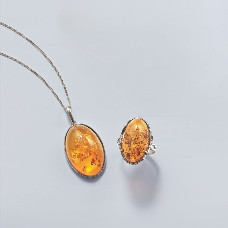 Oval Cognac Amber Pendant Necklace in Sterling Silver image number 2