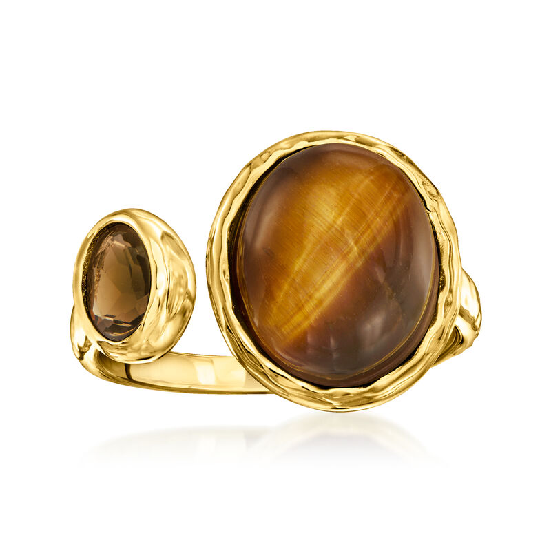Tiger Eye and .30 Carat Smoky Quartz Toi et Moi Ring in 18kt Gold Over Sterling image number 0