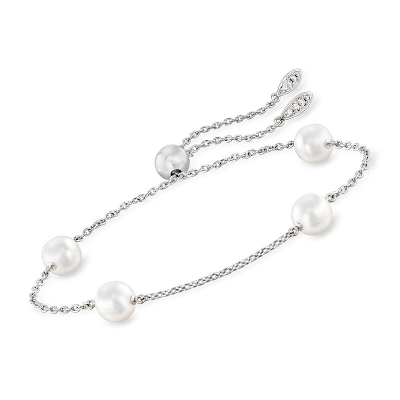 Mikimoto &quot;Japan&quot; 7.5mm A+ Akoya Pearl and Diamond-Accented Station Bracelet in 18kt White Gold image number 0