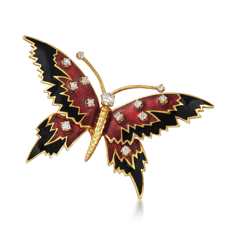 C. 1960 Vintage Enamel Butterfly Pin with .60 ct. t.w. Diamonds in 18kt Yellow Gold image number 0