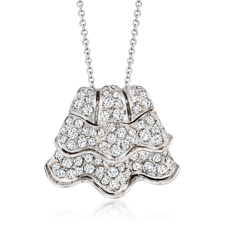 C. 1980 Vintage .95 ct. t.w. Diamond Scalloped Pendant Necklace in 14kt and 18kt White Gold. 16&quot; image number 0
