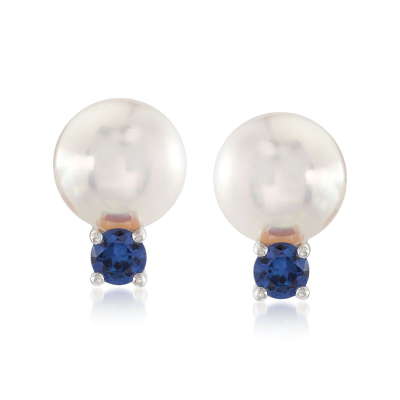 Mikimoto &quot;Everyday Essentials&quot; 7.5-8mm A+ Akoya Pearl and .26 ct. t.w. Sapphire Earrings in 18kt White Gold  image number 0