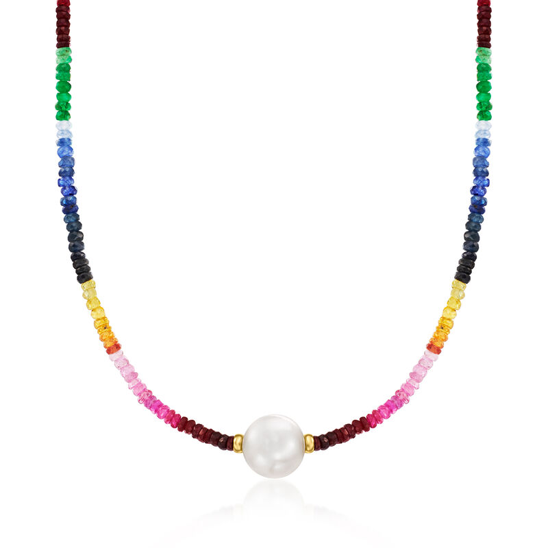11.5-12.5mm Cultured Pearl and 52.00 ct. t.w. Multicolored Sapphire Bead Necklace with 14kt Yellow Gold image number 0