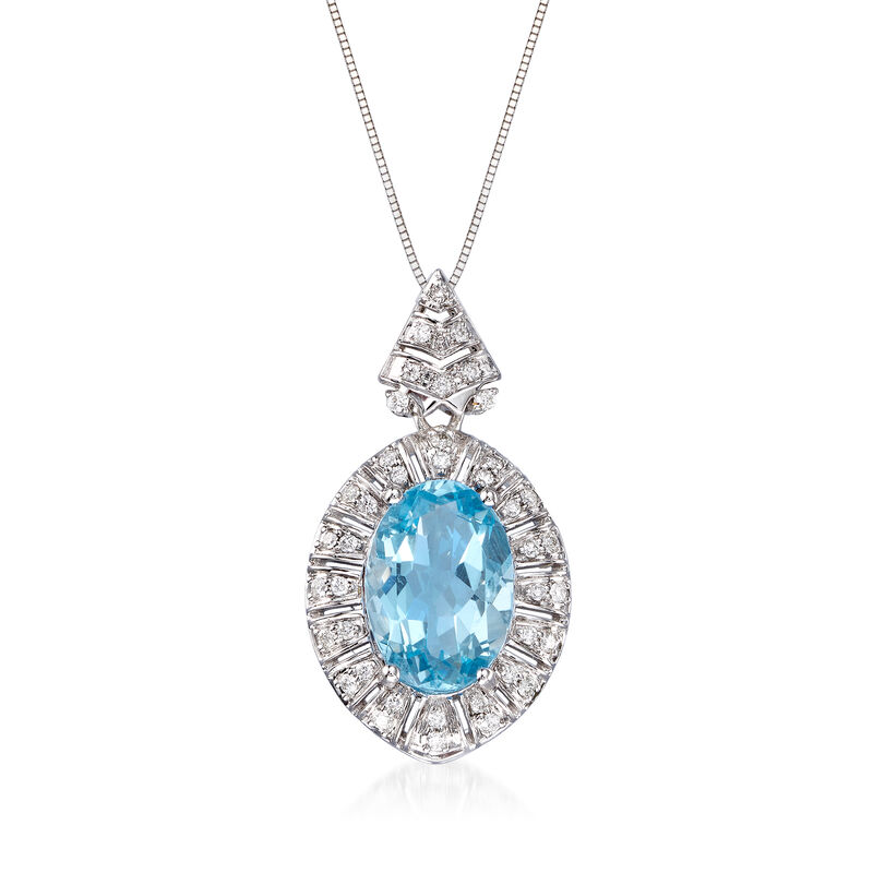 4.10 Carat Aquamarine and .31 ct. t.w. Diamond Oval Pendant Necklace in 14kt White Gold. 18&quot; image number 1