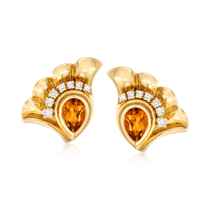 C. 1980 Vintage 1.50 ct. t.w. Citrine and .50 ct. t.w. Diamond Fan Earrings in 18kt Yellow Gold image number 0