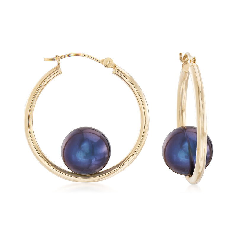 10-10.5mm Black Cultured Pearl Hoop Earrings in 14kt Yellow Gold. 1&quot; image number 0