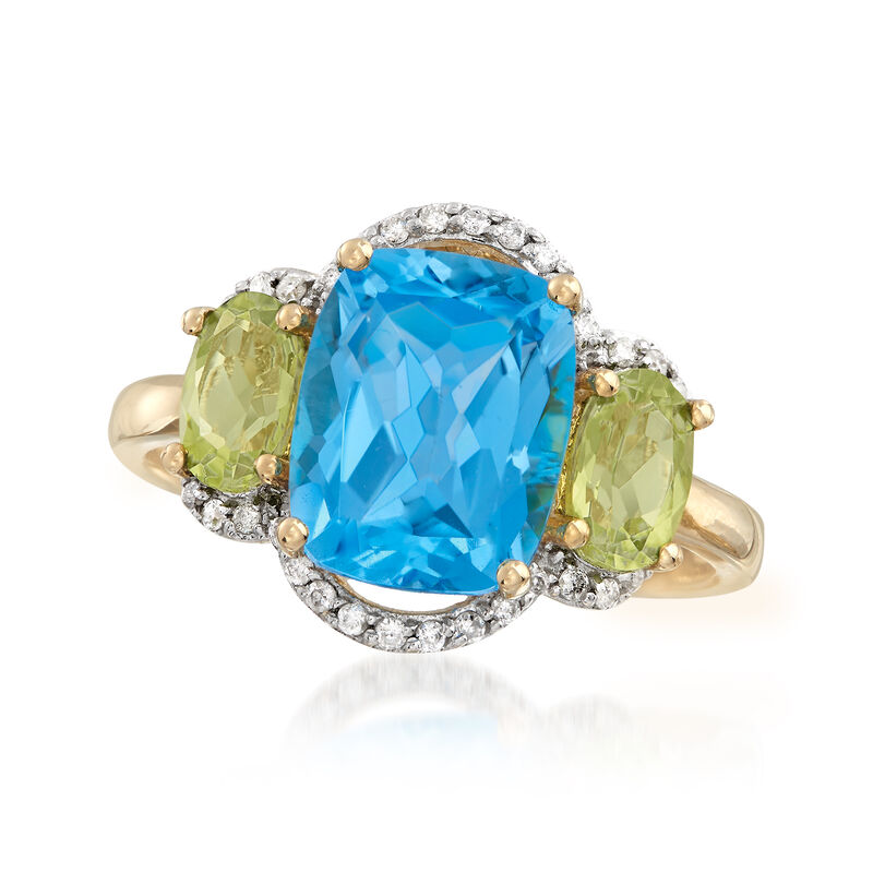 3.60 Carat Blue Topaz, .90 ct. t.w. Peridot and .11 ct. t.w. Diamond Ring in 14kt Yellow Gold image number 3