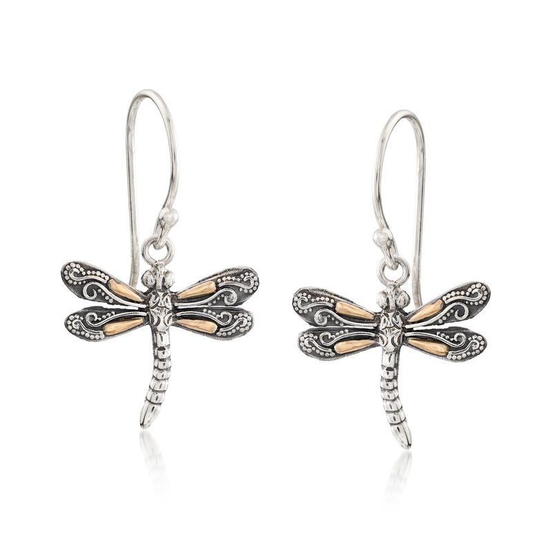 Sterling Silver Bali-Style Dragonfly Drop Earrings with 18kt Yellow Gold  image number 0