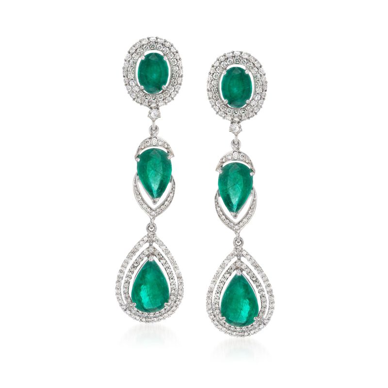 12.60 ct. t.w. Emerald and 2.59 ct. t.w. Diamond Drop Earrings in 18kt White Gold image number 0