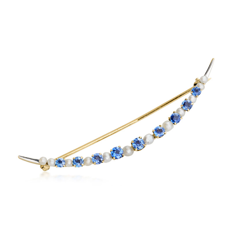C. 1950 Vintage Cultured Pearl and 1.40 ct. t.w. Sapphire Curved Pin in Platinum and 14kt Yellow Gold  image number 0