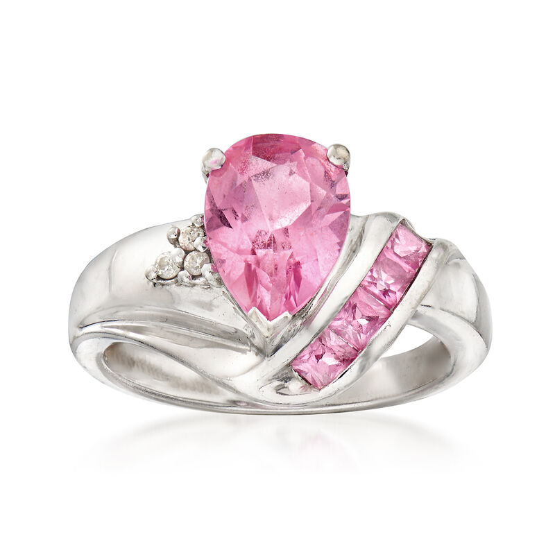 C. 1990 Vintage 2.70 Synthetic Pink Sapphire Ring with Diamond Accents in 10kt White Gold. Size 6.5 image number 0
