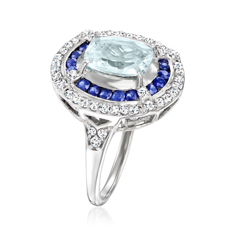 1.70 Carat Aquamarine and .50 ct. t.w. Sapphire Ring with .50 ct. t.w. White Topaz in Sterling Silver image number 2