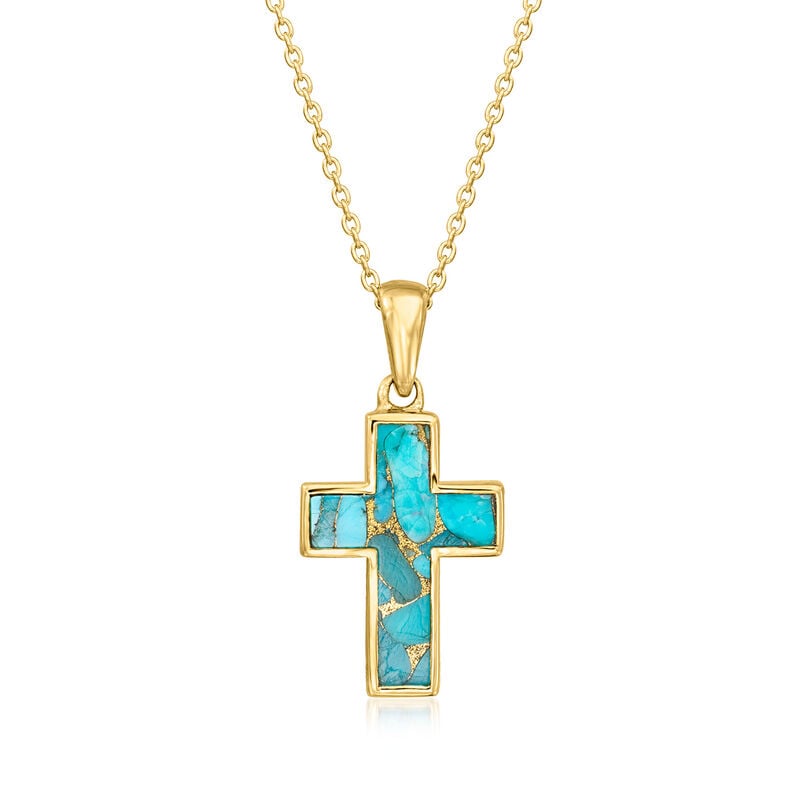 Turquoise Cross Pendant Necklace in 18kt Gold Over Sterling. 18" image number 1