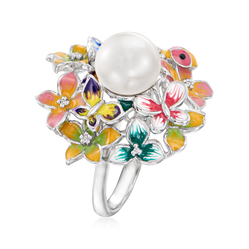 8.5-9mm Cultured Pearl Flower Ring with Diamonds and Multicolored Enamel in Sterling Silver image number 2