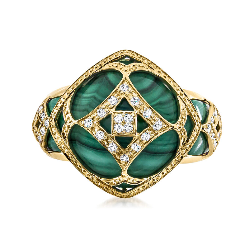 Malachite and .19 ct. t.w. Diamond Ring in 14kt Yellow Gold image number 0