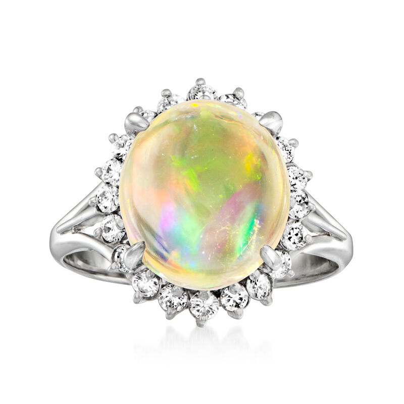 C. 1990 Vintage Opal and .37 ct. t.w. Diamond Ring in Platinum image number 0