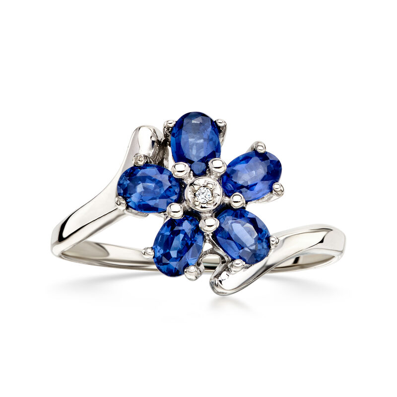 C. 2000 Vintage 1.00 ct. t.w. Sapphire Flower Ring with Single Diamond in 14kt White Gold. Size 7 image number 0