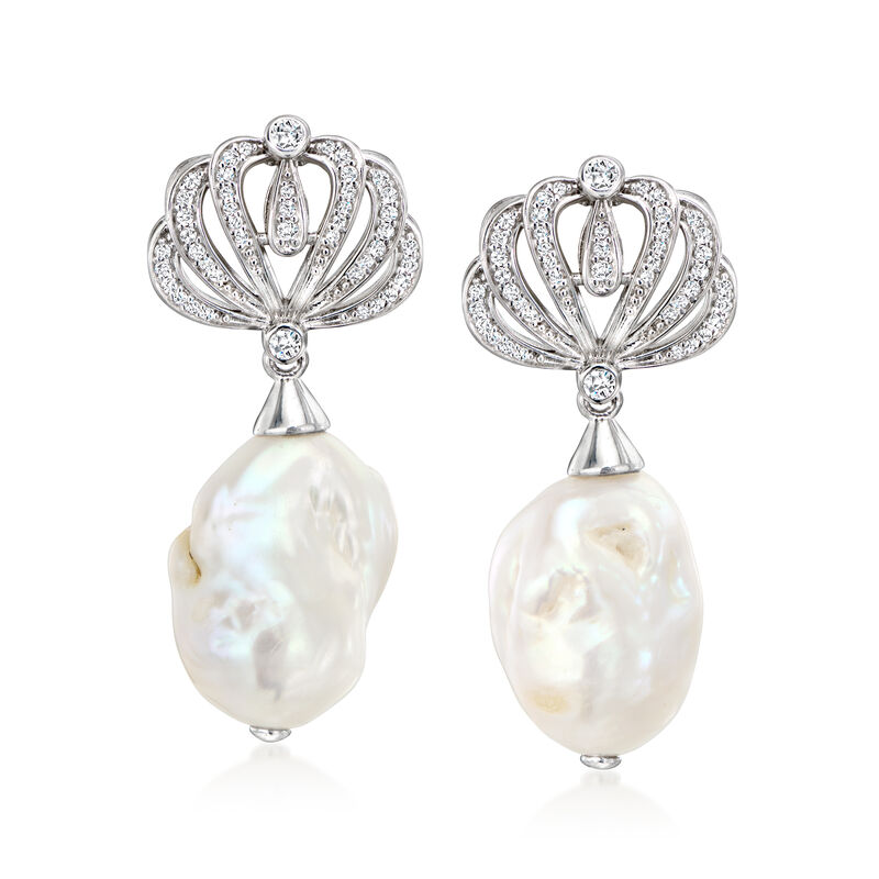 Italian 12-16mm Cultured Baroque Pearl and .40 ct. t.w. CZ Seashell Drop Earrings in Sterling Silver image number 0